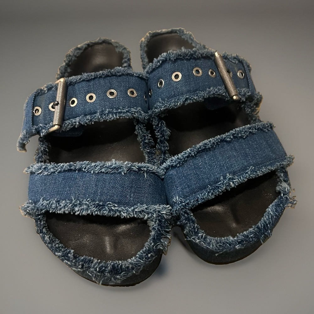 Rag & Bone Evin Platform Slide Sandal Womens 40 Blue Denim Frayed Casual Boho